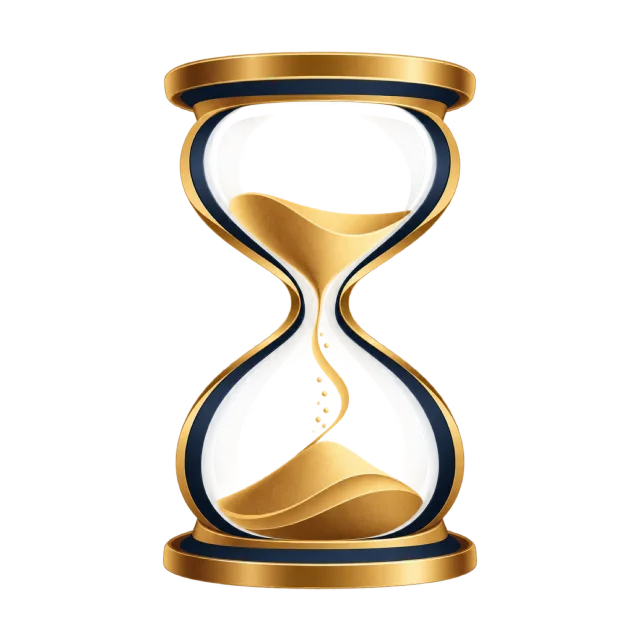 Golden sand sits inside a dark blue and gold-colored hourglass