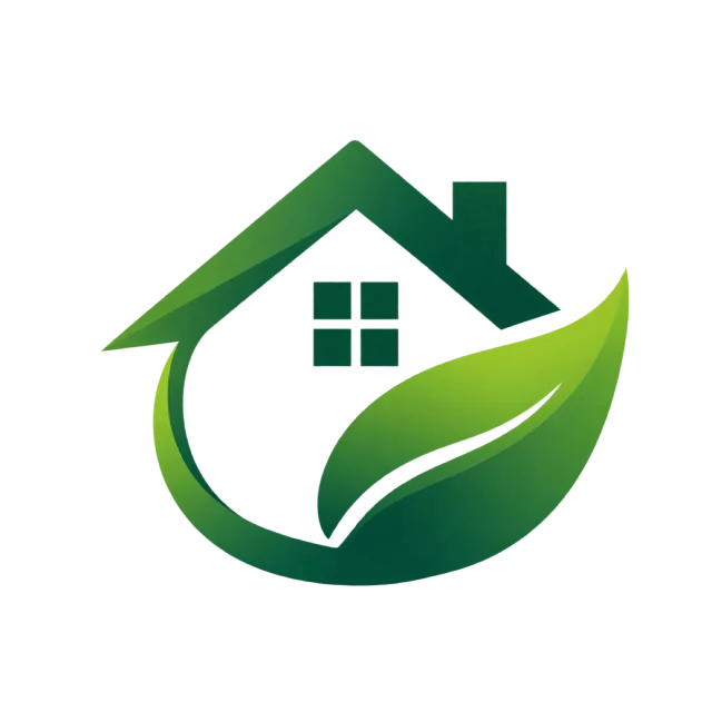 A green house outline merges with a large leaf