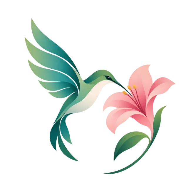 A teal hummingbird faces a pink flower
