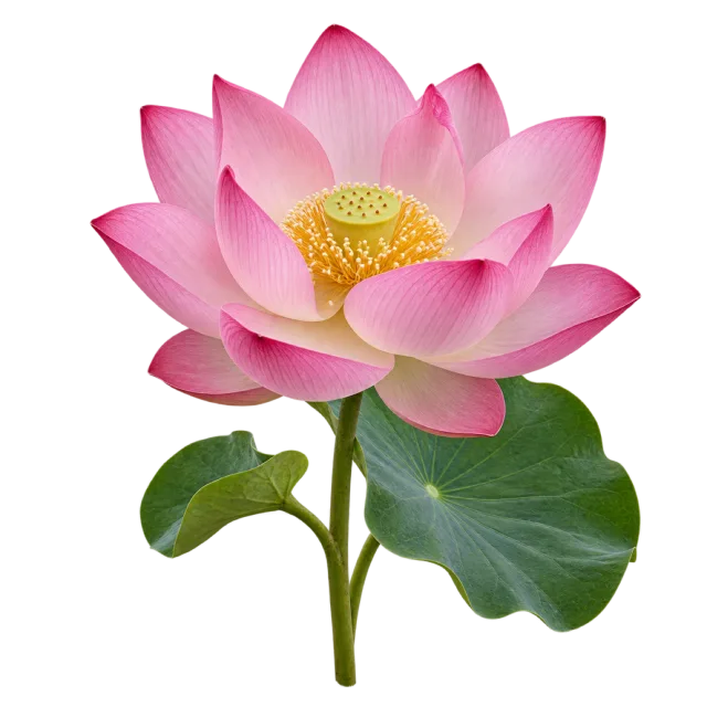 Open pink lotus with pale inner petals, a yellow center and a rounded green leaf on a transparent background