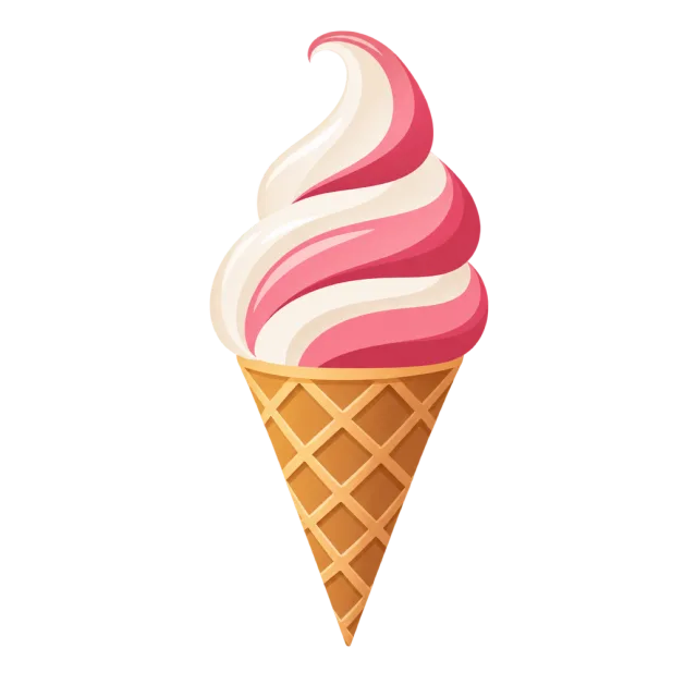 Pink and white soft-serve ice cream rises above a waffle cone