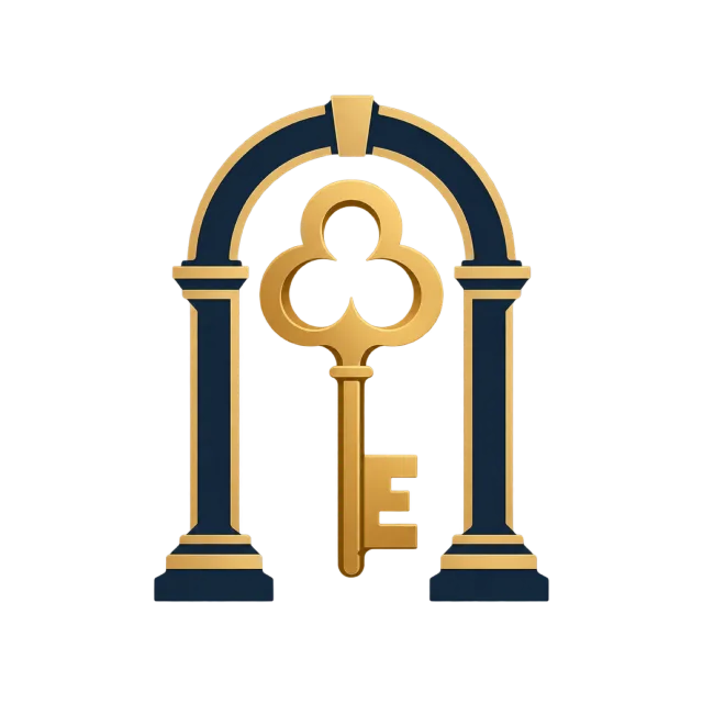 A gold-colored key hangs beneath a dark arch