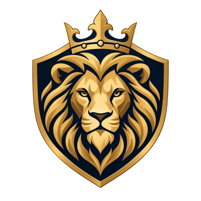 A crowned gold-colored lion head sits inside a dark shield