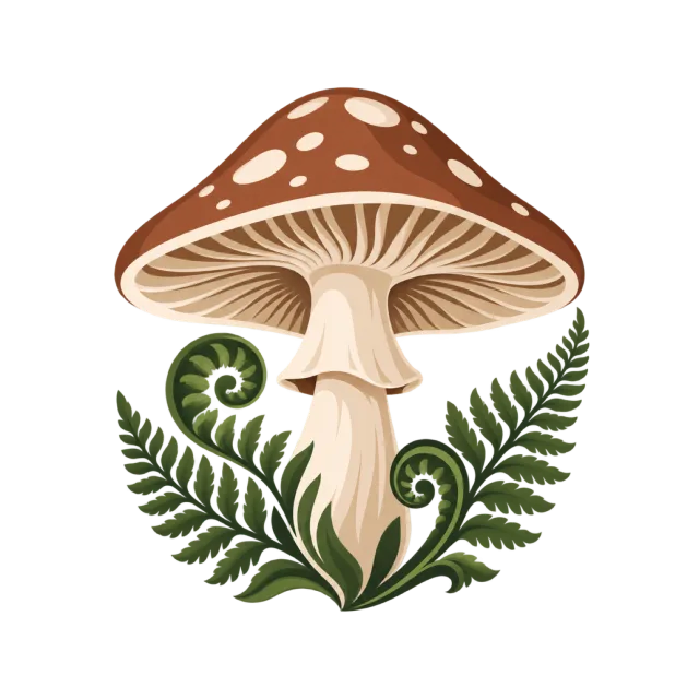 A spotted brown mushroom stands above curling fern leaves