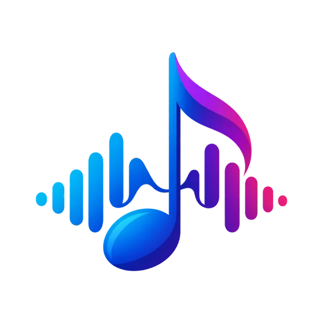 A blue and purple music note merges with colored sound bars