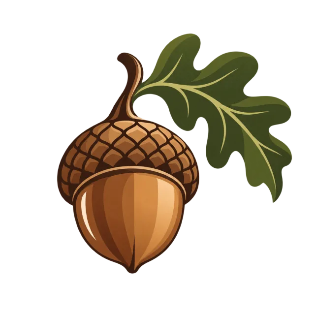 A brown acorn sits below a green oak leaf