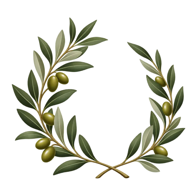 Two olive branches form an open wreath