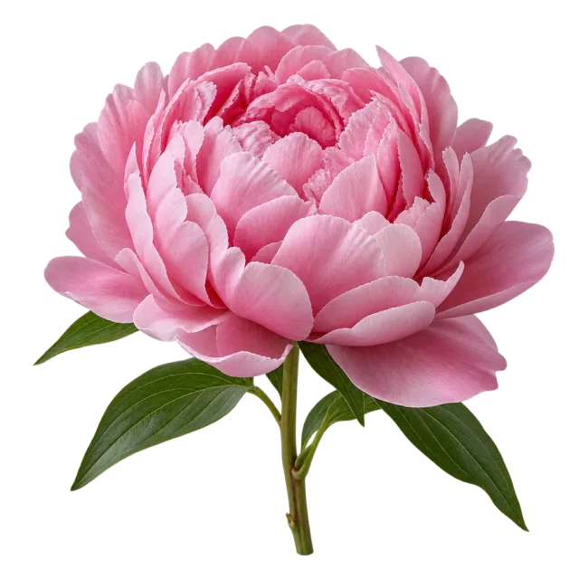 Full pink peony with densely layered ruffled petals and green leaves on a transparent background