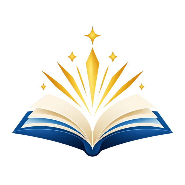 Golden rays and stars rise above an open blue book