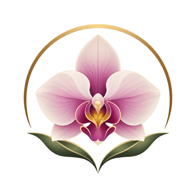 A pink orchid sits inside a gold-colored arch