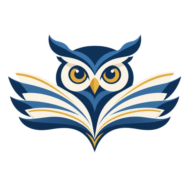 A blue and gold-colored owl merges with an open book