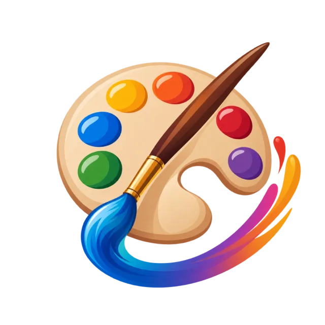 A wooden artist palette and brush sit above a rainbow paint sweep