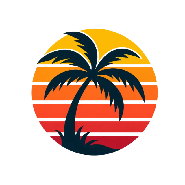 A dark palm tree silhouette stands before a striped sunset