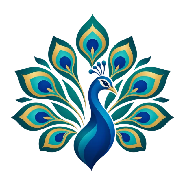 A blue peacock spreads teal and gold-colored tail feathers