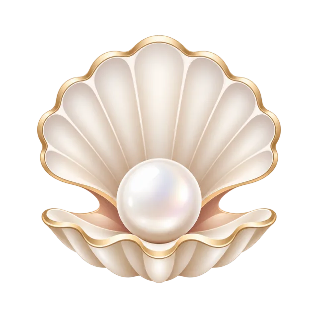 A pale open shell holds a pearl-like sphere
