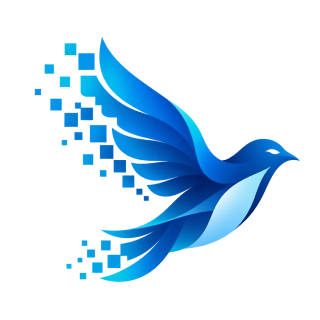 A blue bird dissolves into small square pixels along one wing