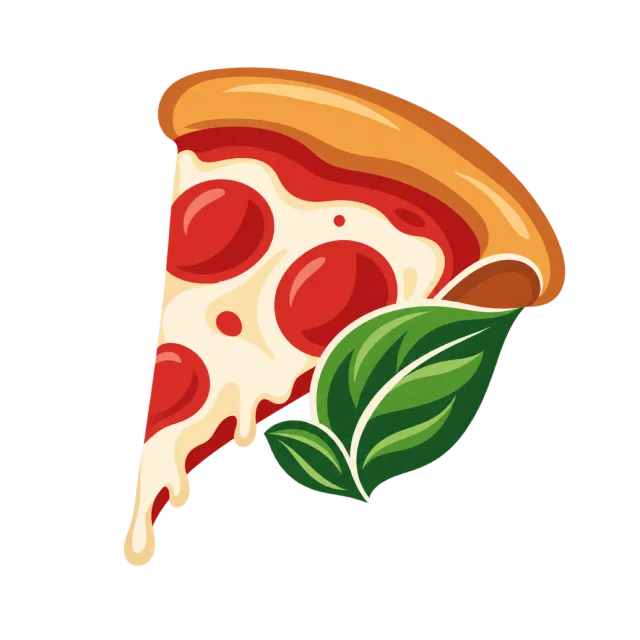A pizza slice with red toppings sits beside green leaves