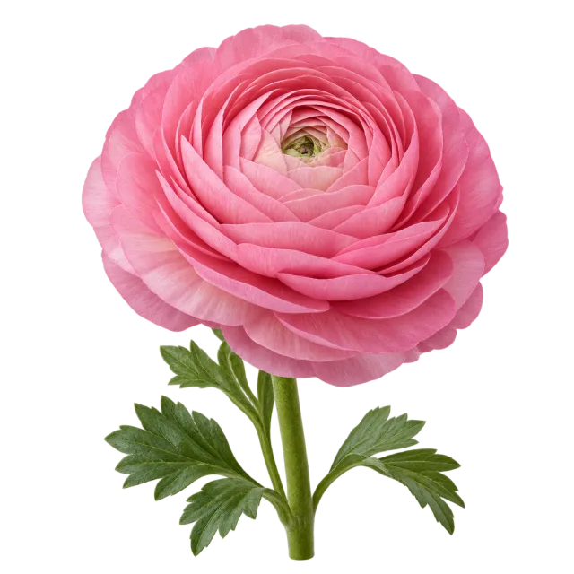 Pink ranunculus bloom with concentric layers of petals and green foliage on a transparent background