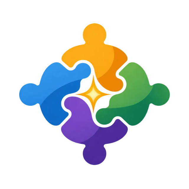 Colorful puzzle pieces surround a small central spark