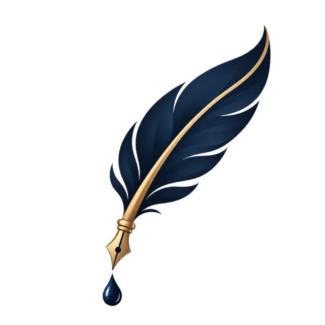 A dark feather quill ends above a blue ink drop