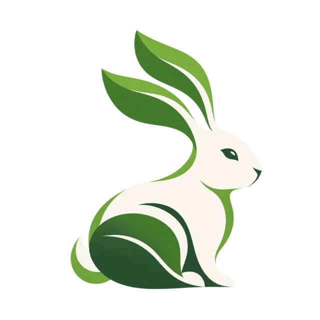 A white and green rabbit shape merges with sprouting leaves