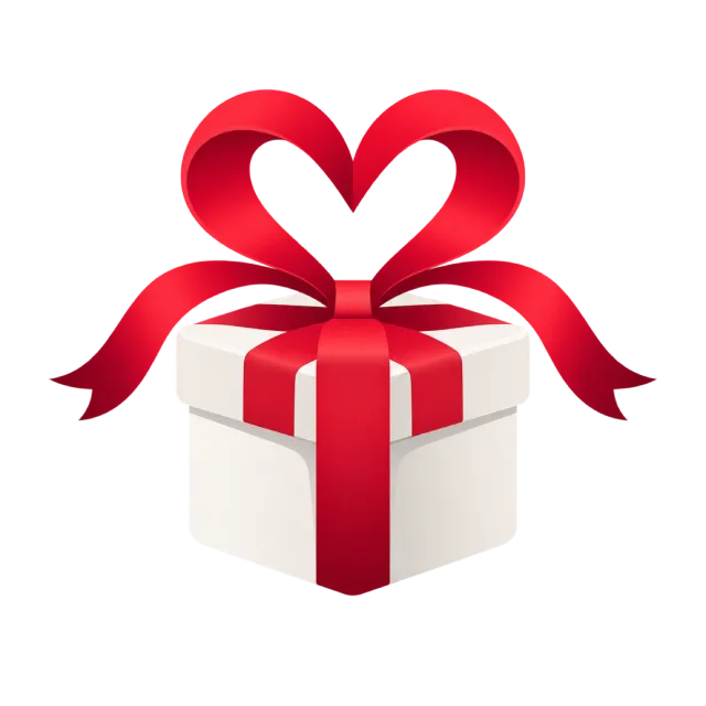 A white gift box has a red heart-shaped ribbon bow
