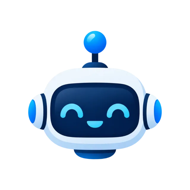 A smiling white robot head has a glowing blue face