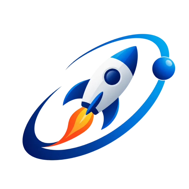 A white and blue rocket follows a curved orbital trail