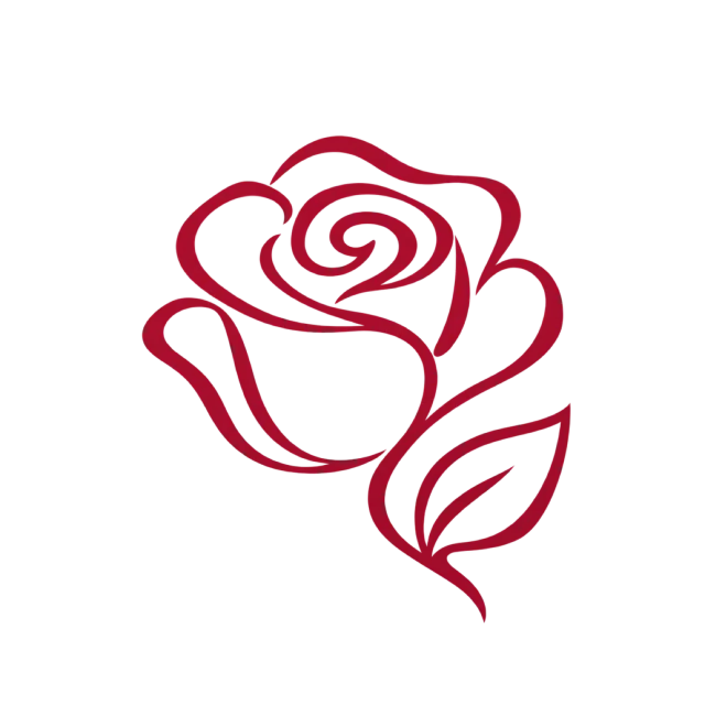 A burgundy line drawing forms a rose and leaf