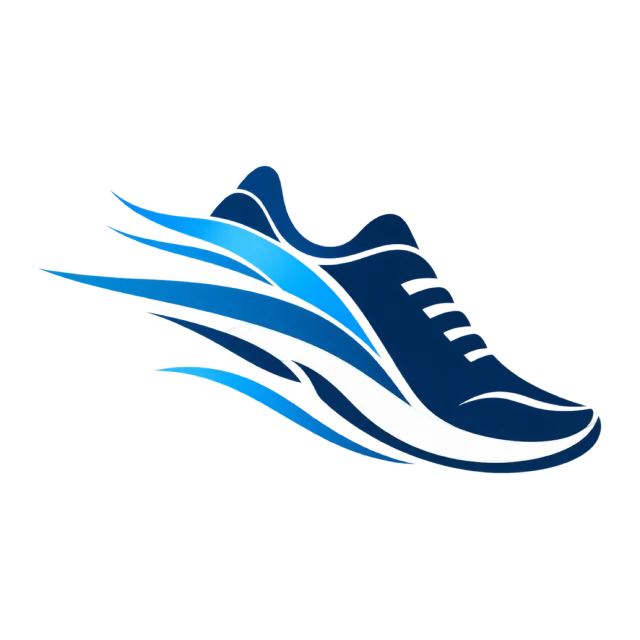 A navy running shoe has blue speed streaks