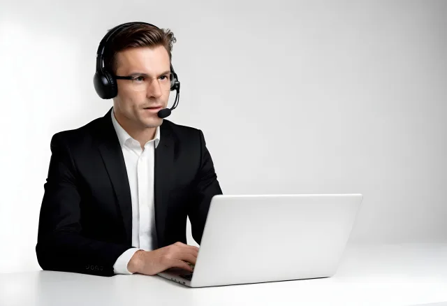 Man in a dark jacket wearing a headset behind a white laptop