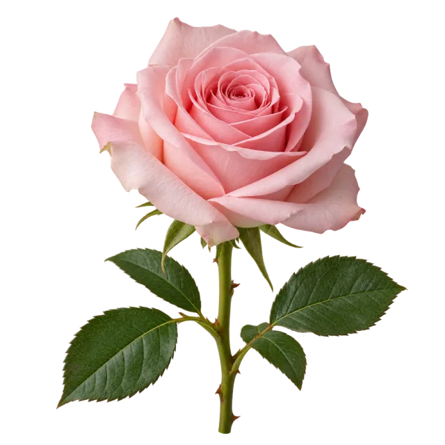 Soft pink rose with curled petals on a stem with serrated green leaves on a transparent background