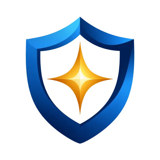 A blue shield surrounds a golden four-pointed spark