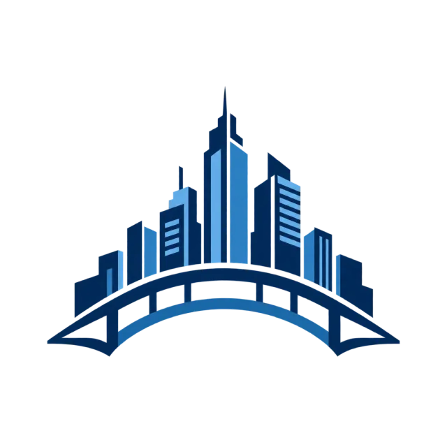 A navy city skyline rises above a curved bridge