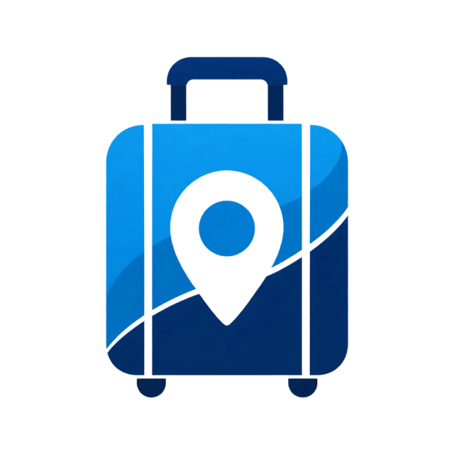 A blue suitcase contains a white location-pin shape