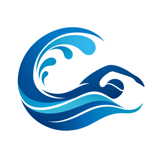 A blue swimmer silhouette merges with a curling wave