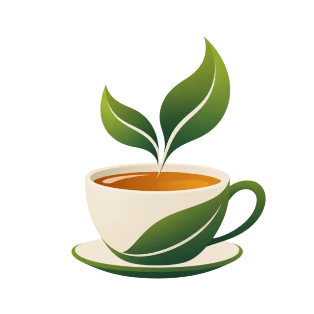 Green leaves rise from a green and white tea cup