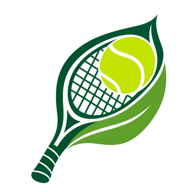 A green tennis racket and ball merge with a leaf shape