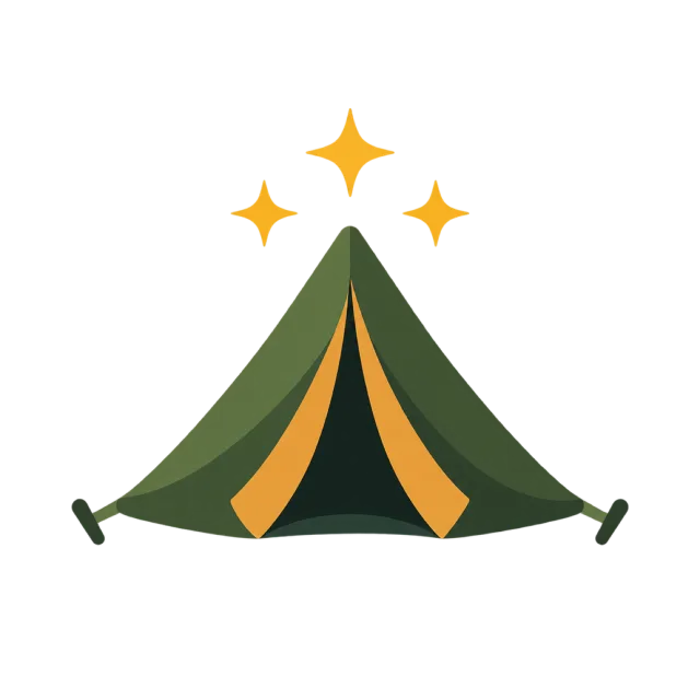 A green and gold-colored tent sits beneath three stars