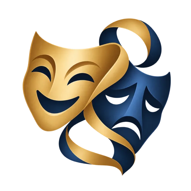 Gold-colored and navy theater masks overlap