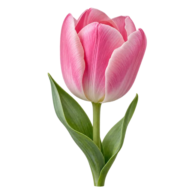 Pink tulip with pale-edged petals and long upright green leaves on a transparent background