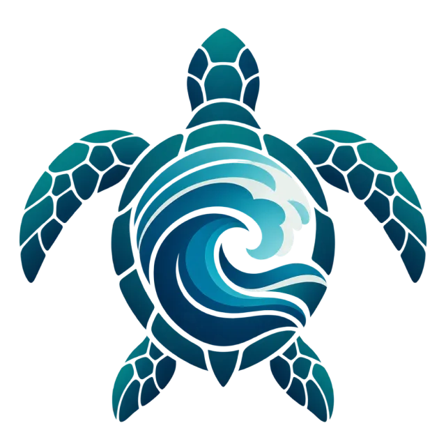 A teal turtle silhouette contains a curling wave