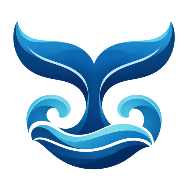 A blue whale tail rises above curved water shapes