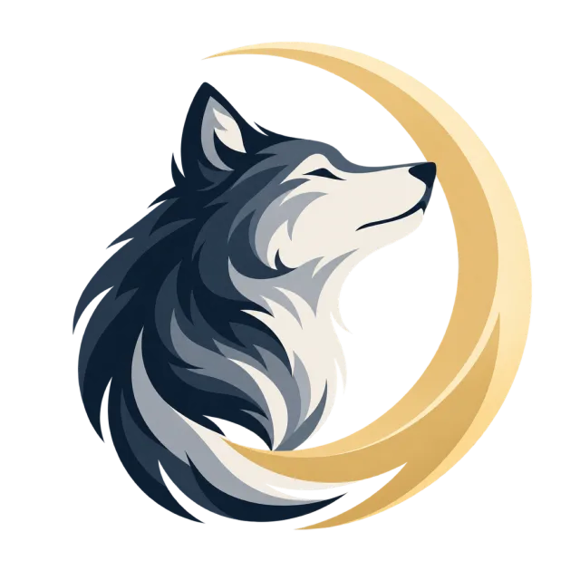 A gray wolf head sits inside a pale golden crescent
