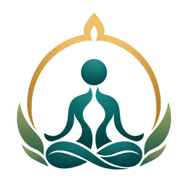 A green seated yoga figure rests beneath a gold-colored arch