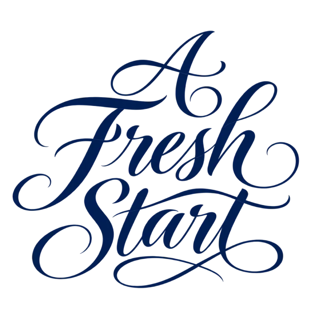 The words “A Fresh Start” in navy blue lettering with long, sweeping flourishes