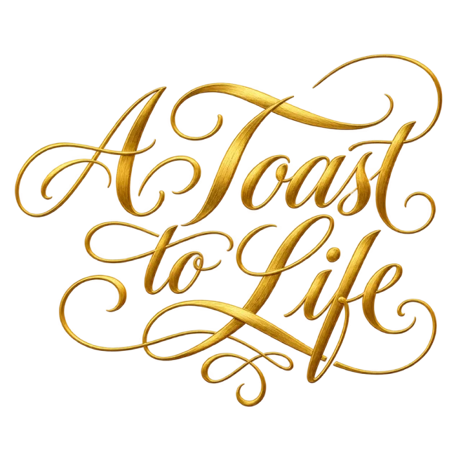The words “A Toast To Life” in gold-colored script with elaborate looping flourishes