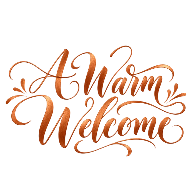 The words “A Warm Welcome” in copper-orange lettering with small leaf-like accents and curved swashes