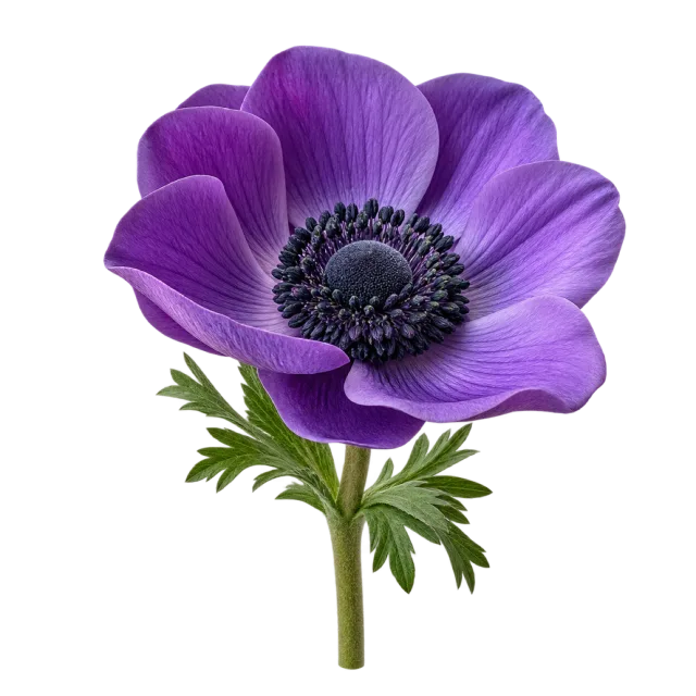 Purple anemone with broad petals, a dark center and finely divided leaves on a transparent background