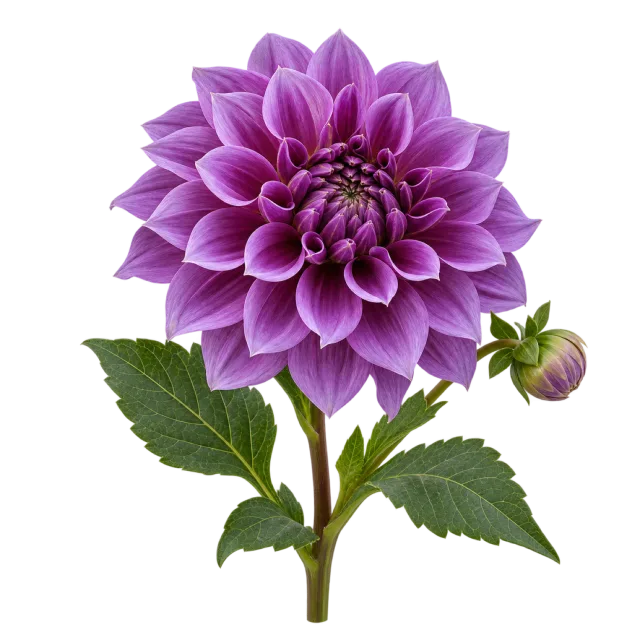 Purple dahlia with layered pointed petals, serrated leaves and a small bud on a transparent background